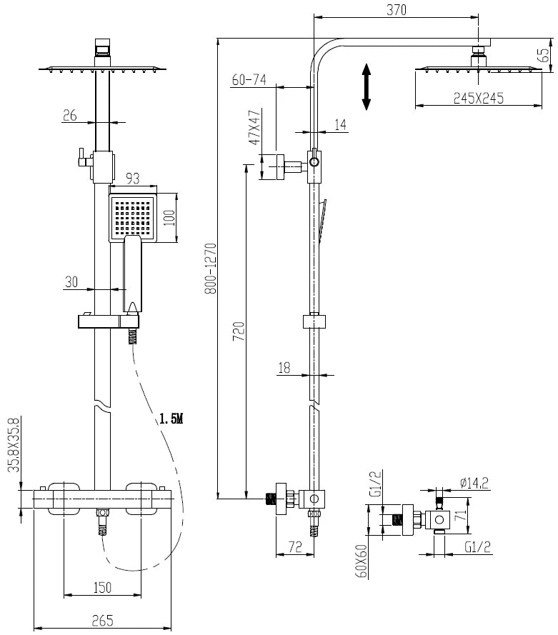 ARCHITECKT Square Thermostatic Bar Mixer Shower with Adjustable & Fixed Head -Square - S R Originals