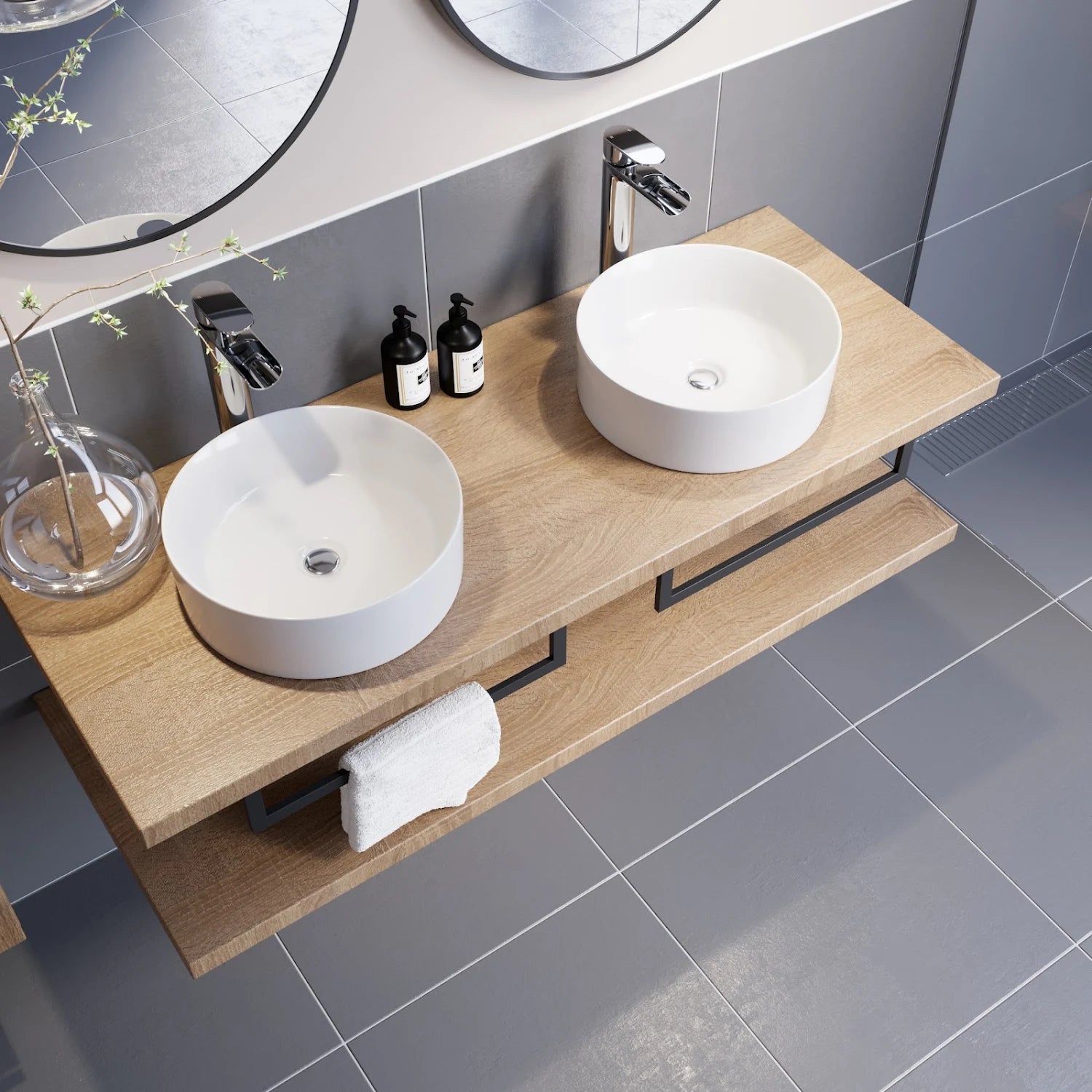 VITUSSO Garda Wood Wall Hung Countertop & Lyon White Countertop Basins - 1100mm - S R Originals