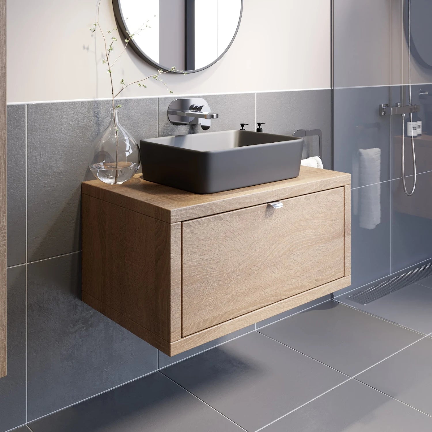 VITUSSO Garda Wood Wall Hung Vanity Unit & Croix Black Countertop Basin - 800mm - S R Originals