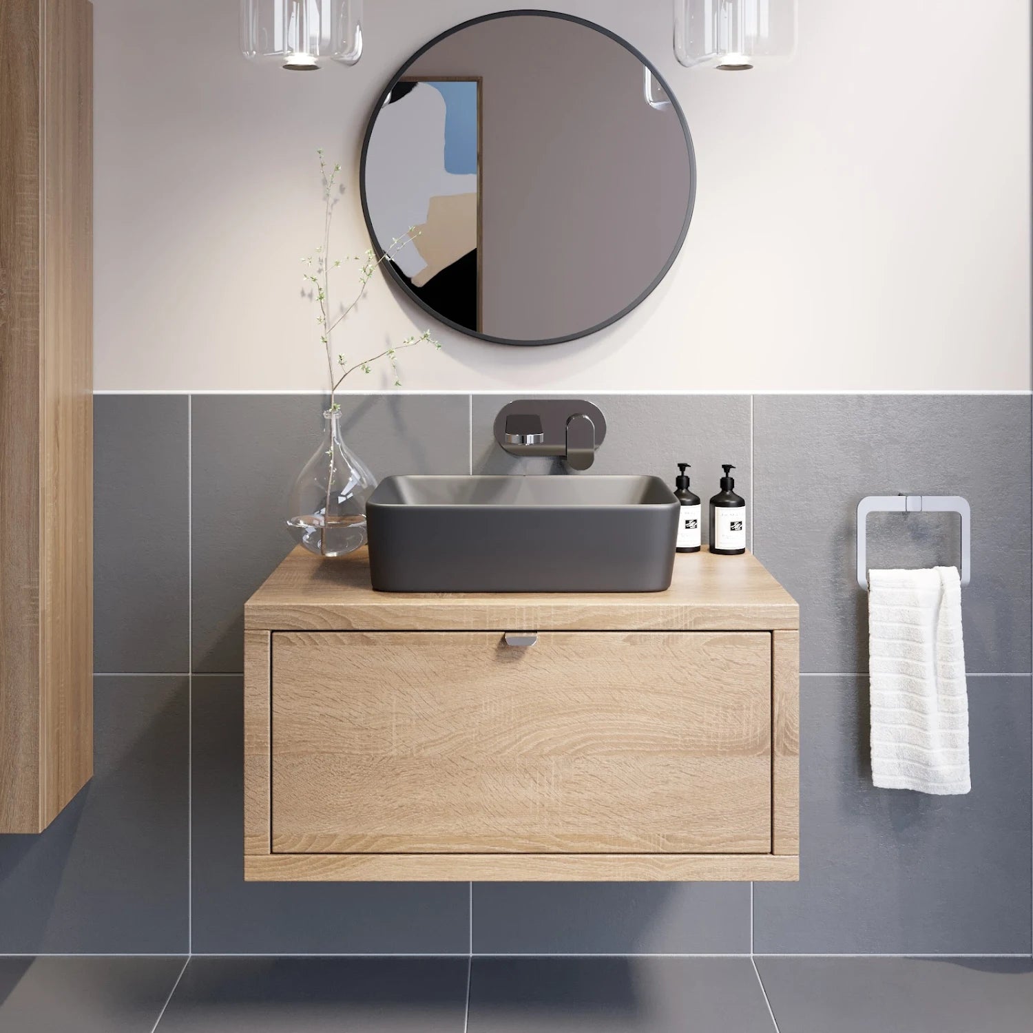 VITUSSO Garda Wood Wall Hung Vanity Unit & Croix Black Countertop Basin - 800mm - S R Originals