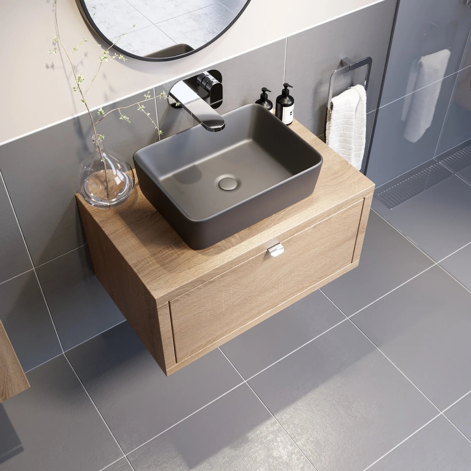 VITUSSO Garda Wood Wall Hung Vanity Unit & Croix Black Countertop Basin - 800mm - S R Originals