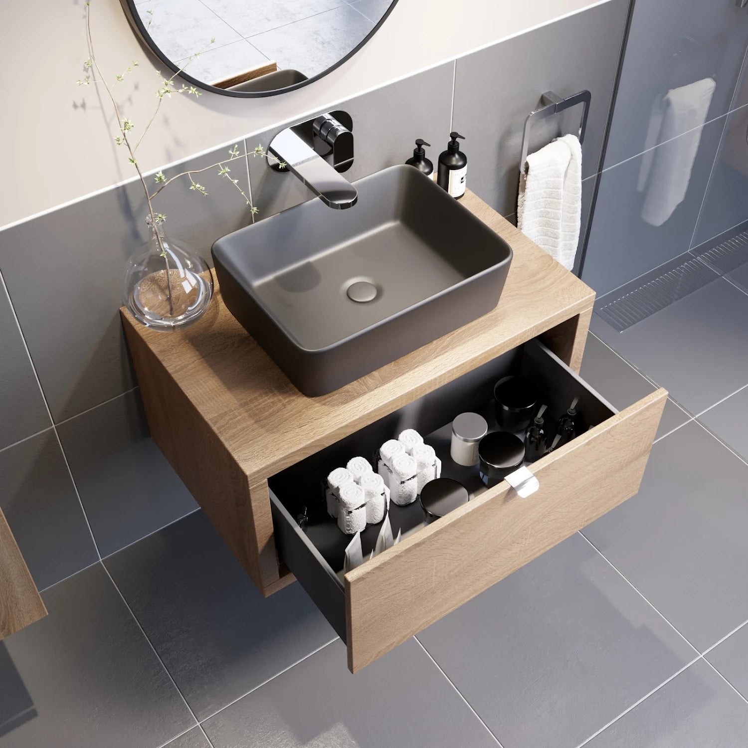 VITUSSO Garda Wood Wall Hung Vanity Unit & Croix Black Countertop Basin - 800mm - S R Originals