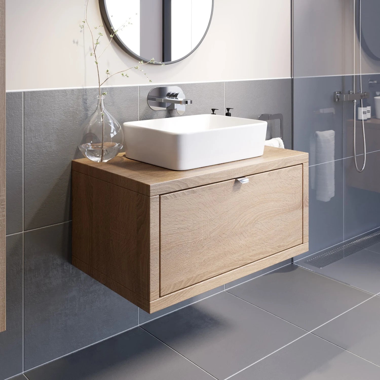 VITUSSO Garda Wood Wall Hung Vanity Unit & Croix White Countertop Basin - 800mm - S R Originals