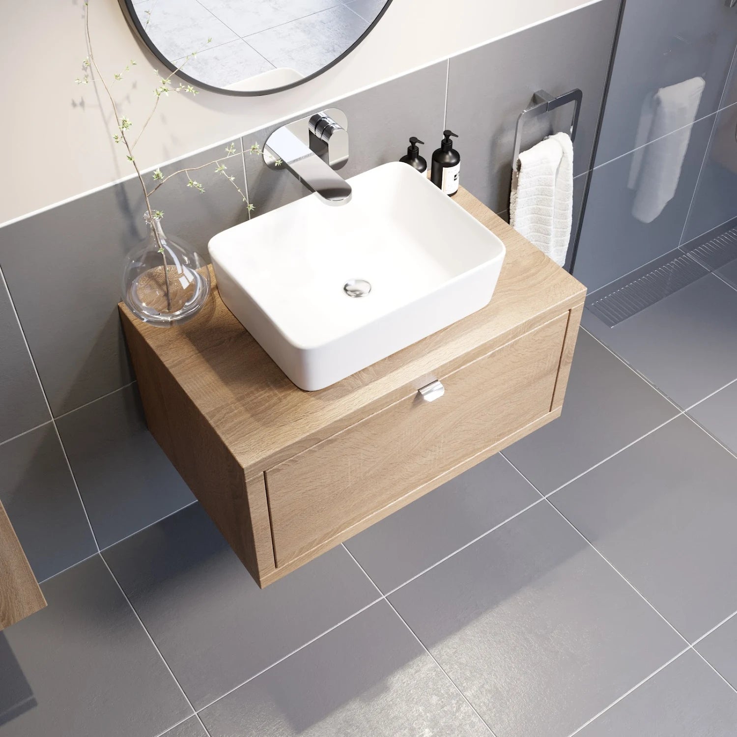 VITUSSO Garda Wood Wall Hung Vanity Unit & Croix White Countertop Basin - 800mm - S R Originals