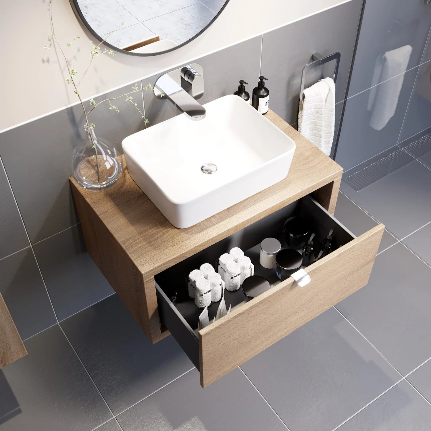 VITUSSO Garda Wood Wall Hung Vanity Unit & Croix White Countertop Basin - 800mm - S R Originals