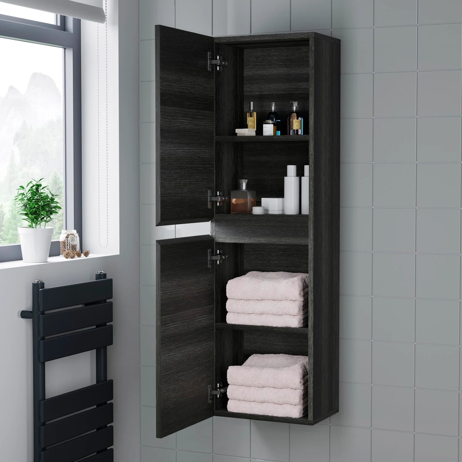 ARTIS Centro Grey Wood Wall Hung Tall Bathroom Cabinet 1200 x 350mm - S R Originals