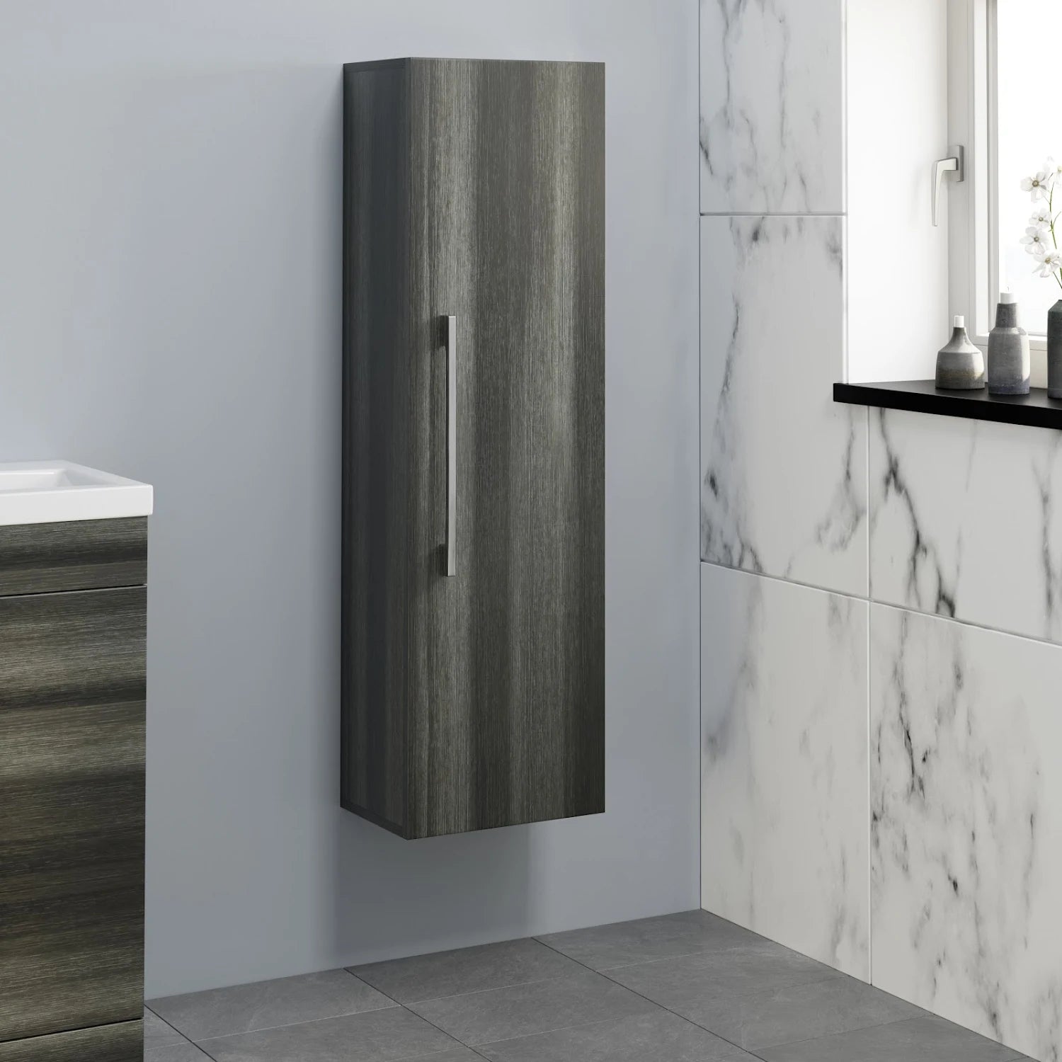 ARTIS Breeze Grey Wood Wall Hung Tall Bathroom Cabinet 1200 x 350mm - S R Originals