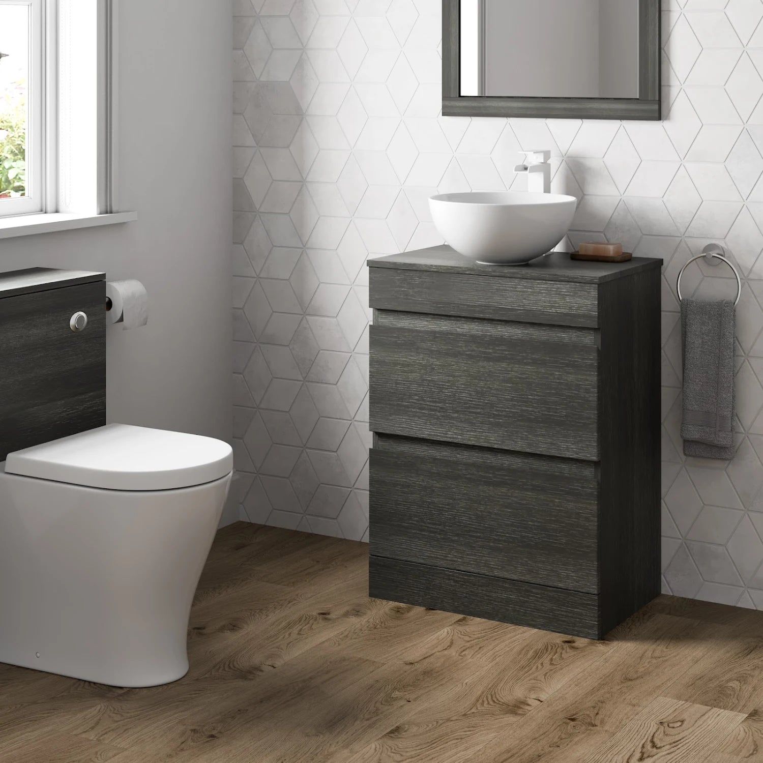 ARTIS Centro Grey Wood Freestanding Vanity Unit & Affine Roubaix Countertop Basin 600mm - S R Originals