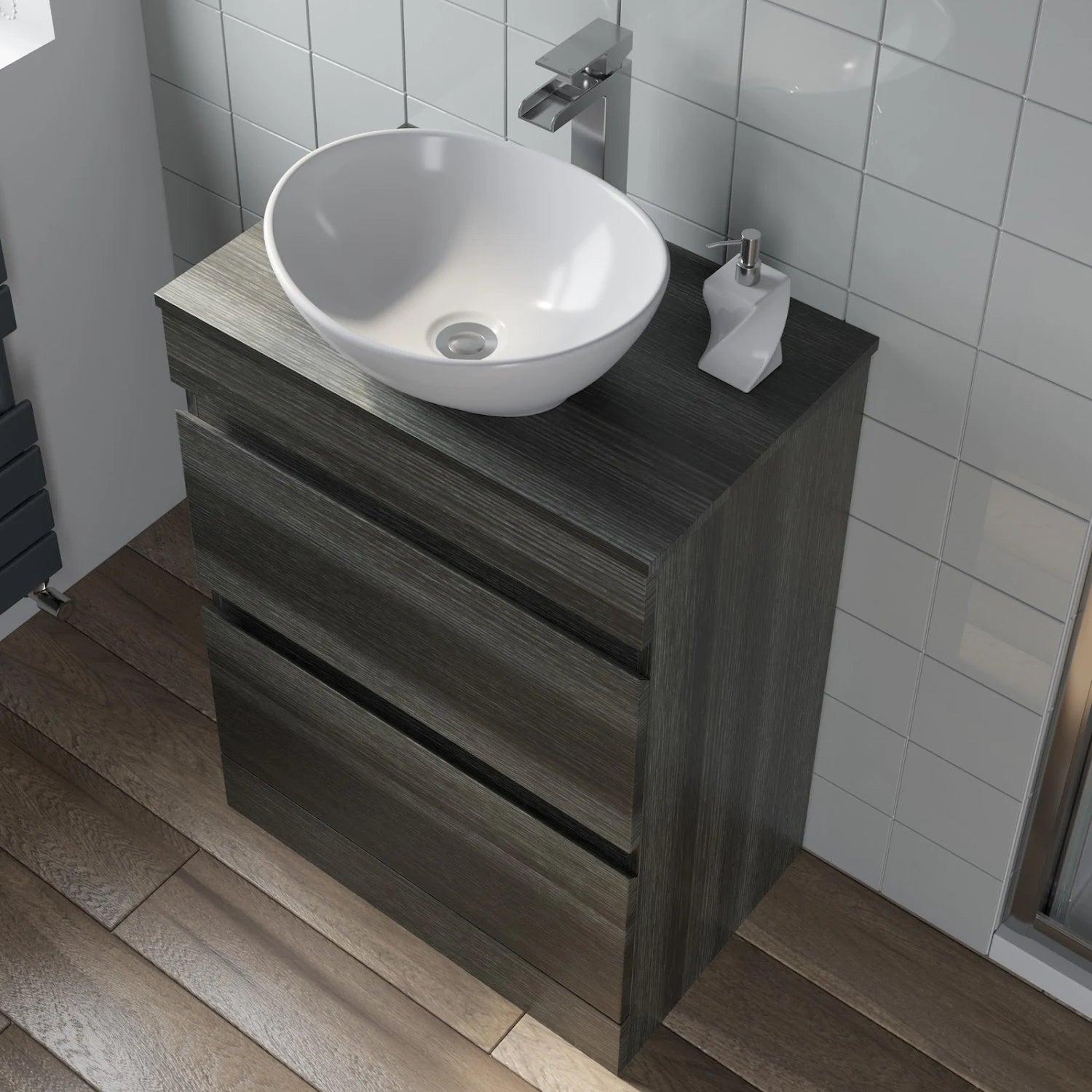 ARTIS Centro Grey Wood Freestanding Vanity Unit & Affine Roubaix Countertop Basin 600mm - S R Originals