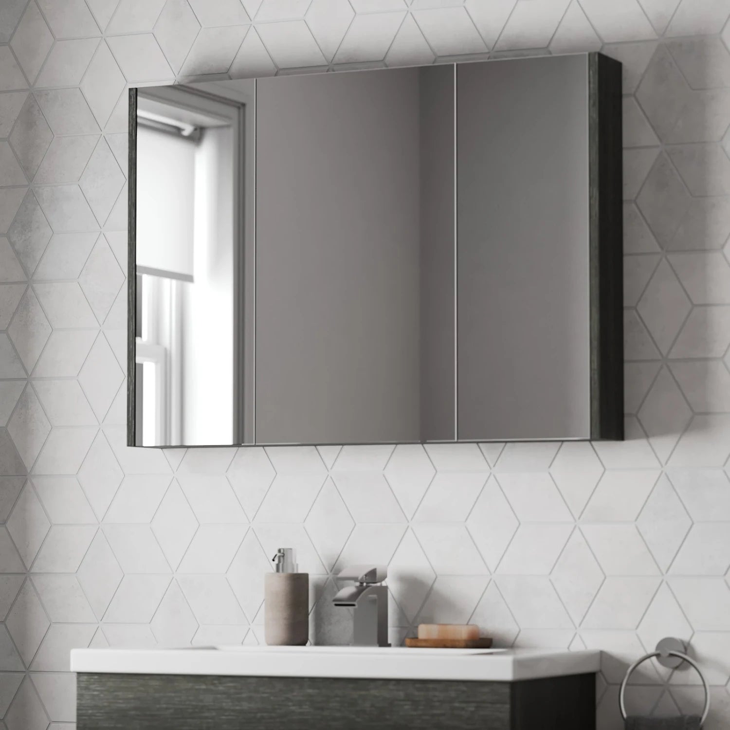 ARTIS Grey Wood Triple Door Bathroom Mirror Cabinet 650 x 900mm - S R Originals