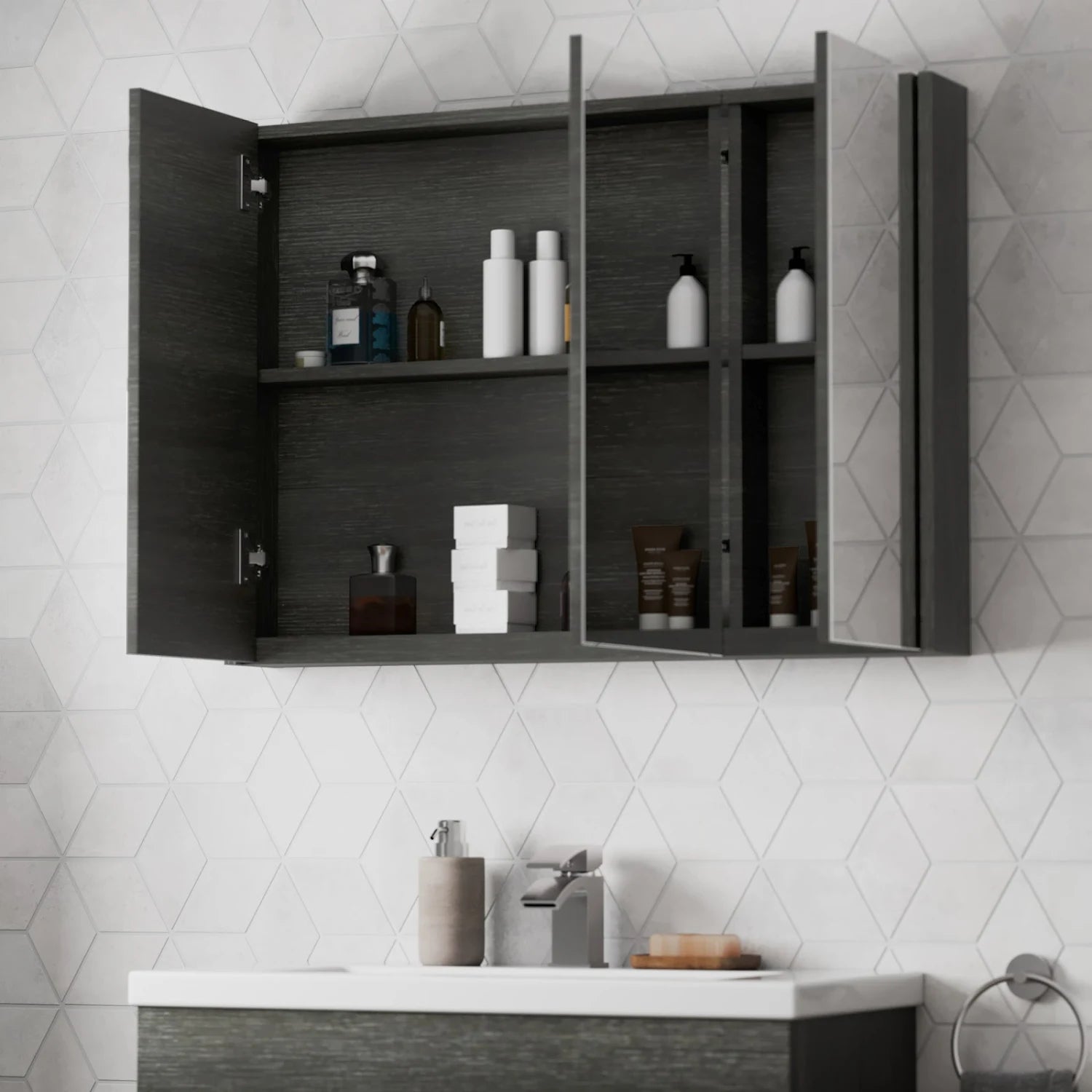 ARTIS Grey Wood Triple Door Bathroom Mirror Cabinet 650 x 900mm - S R Originals