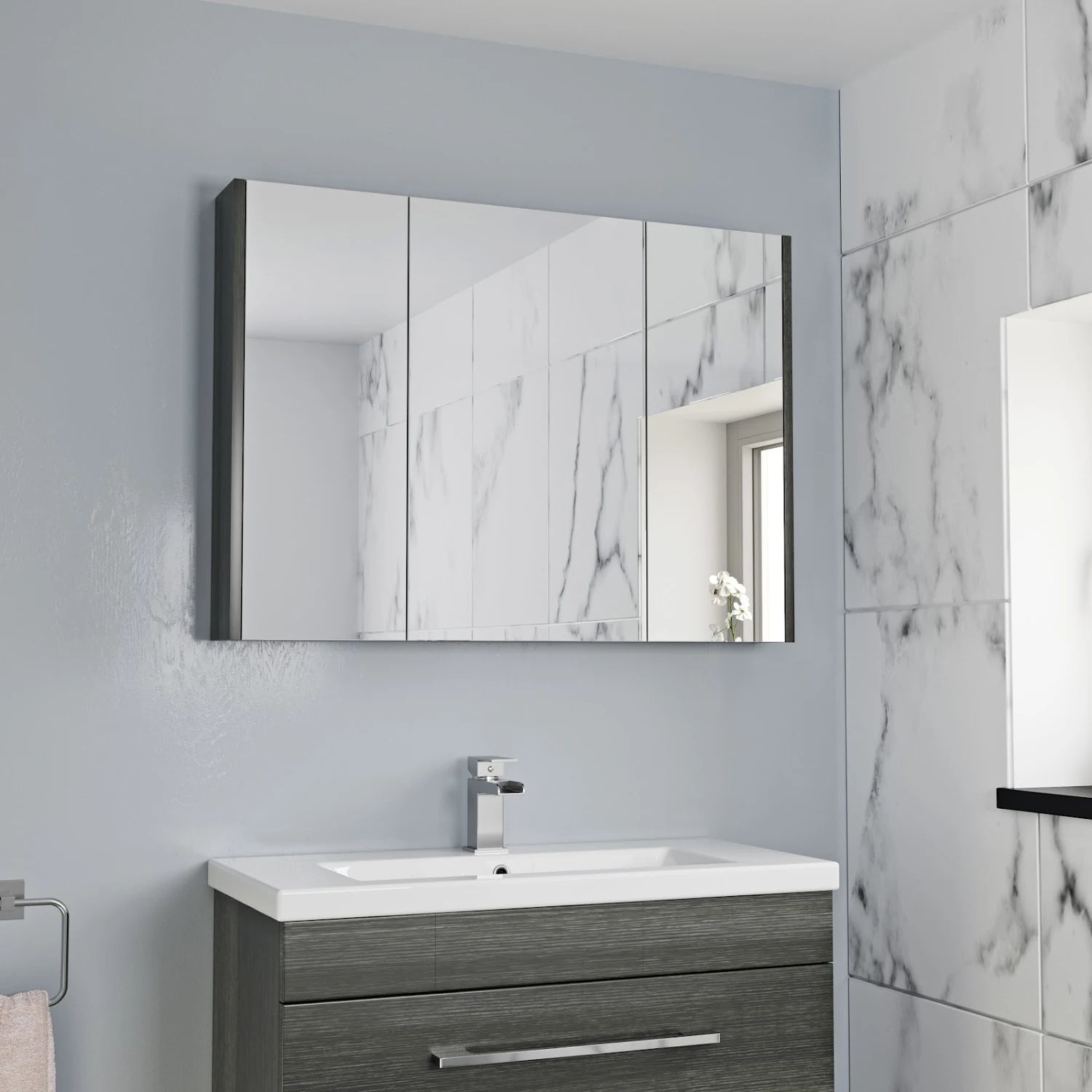 ARTIS Grey Wood Triple Door Bathroom Mirror Cabinet 650 x 900mm - S R Originals