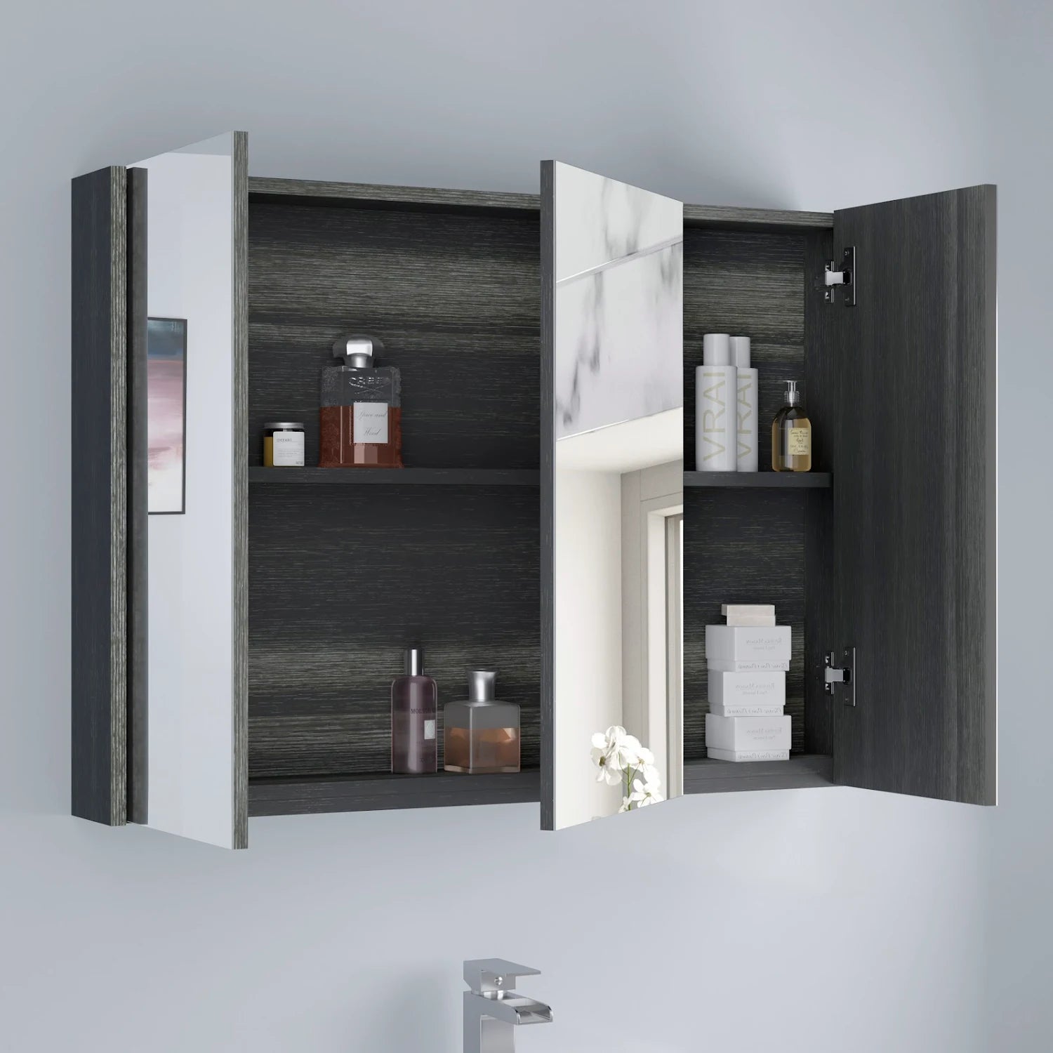 ARTIS Grey Wood Triple Door Bathroom Mirror Cabinet 650 x 900mm - S R Originals