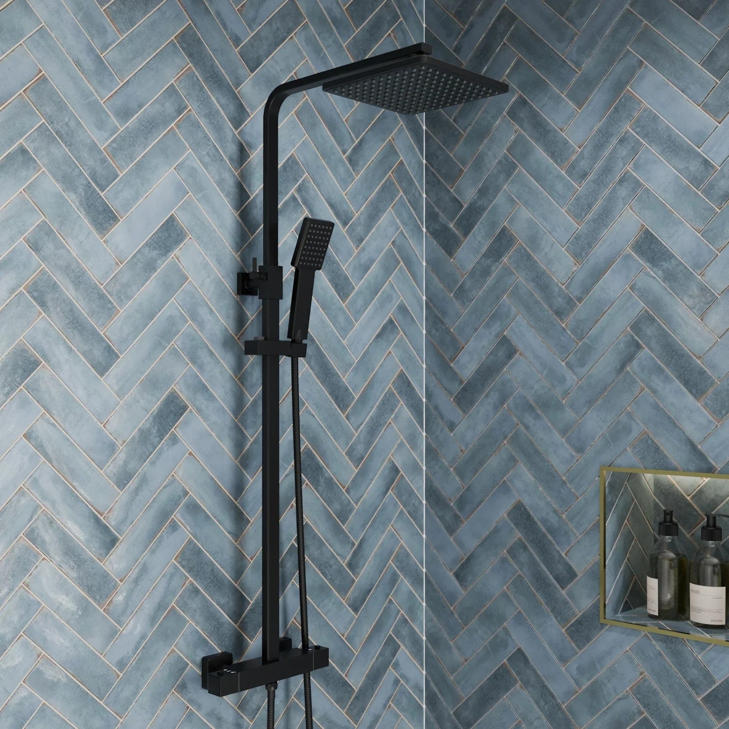 MERANO Thermostatic Square Bar Mixer Shower with Adjustable & Fixed Head Black - S R Originals